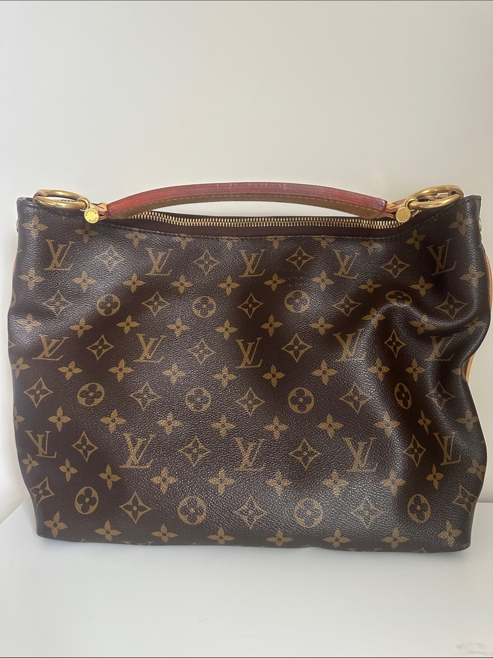 Louis Vuitton Brown Monogram Canvas Shoulder Bag with Red Handle